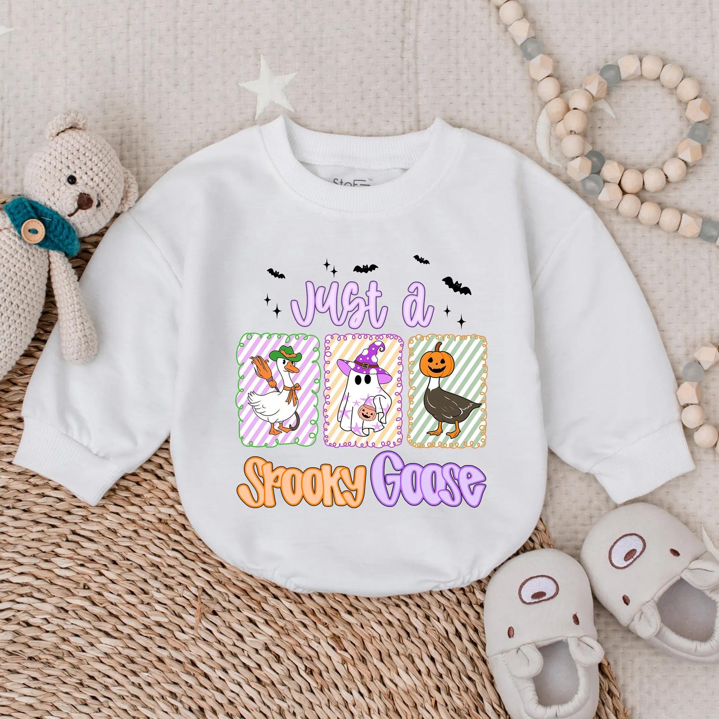 Just a Spooky Goose Halloween Baby Romper, Funny Infant Outfit, Bat Stars & Goose Illustrations, Cute Fall Bodysuit, Toddler Gift