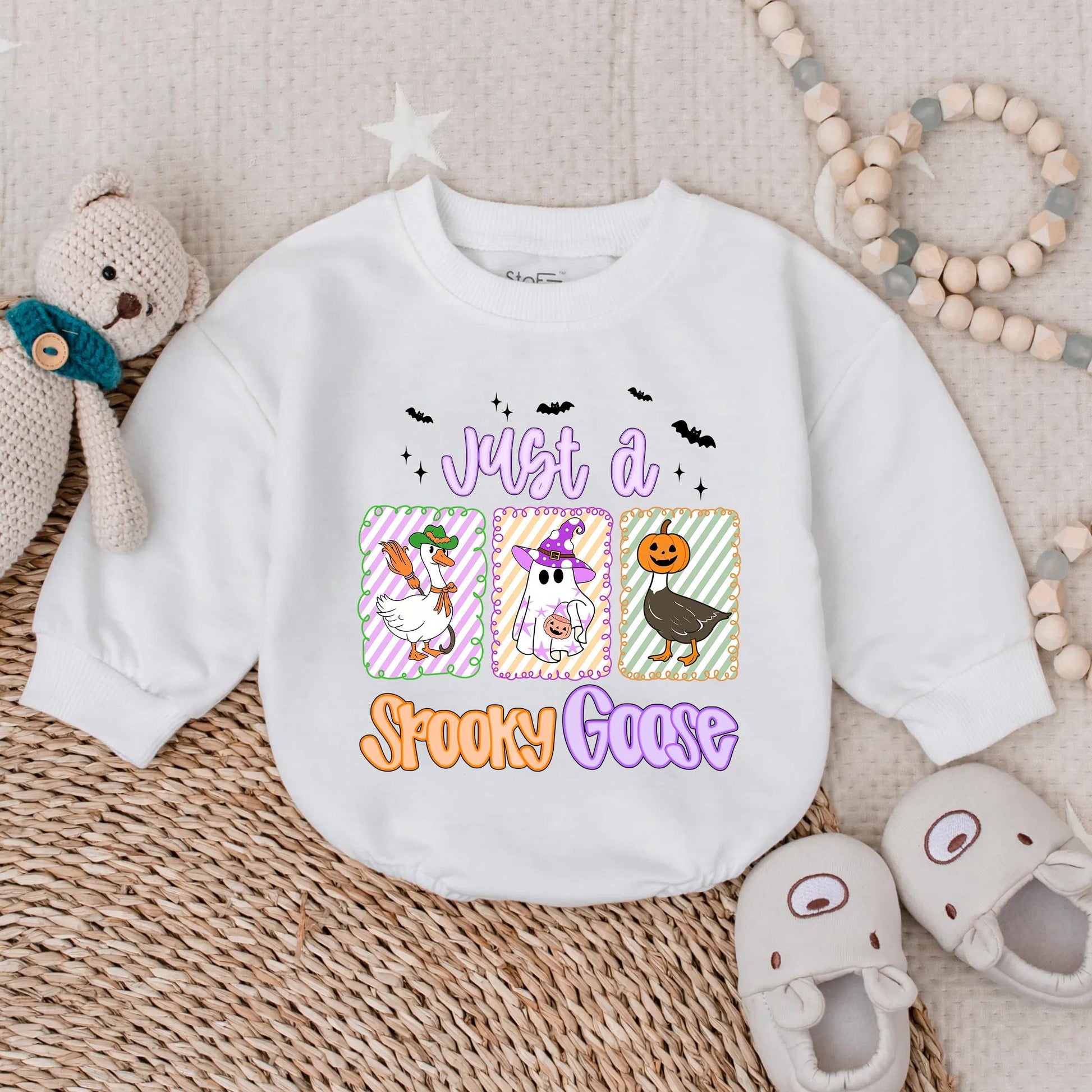 Just a Spooky Goose Halloween Baby Romper, Funny Infant Outfit, Bat Stars & Goose Illustrations, Cute Fall Bodysuit, Toddler Gift