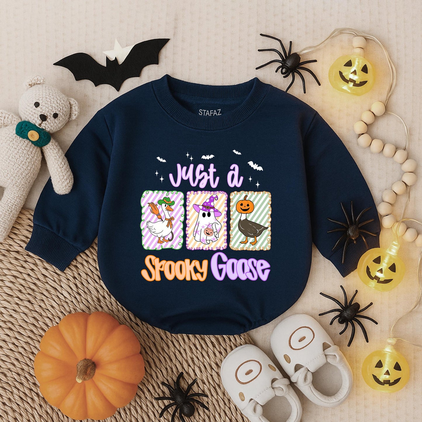 Just a Spooky Goose Halloween Baby Romper, Funny Infant Outfit, Bat Stars & Goose Illustrations, Cute Fall Bodysuit, Toddler Gift