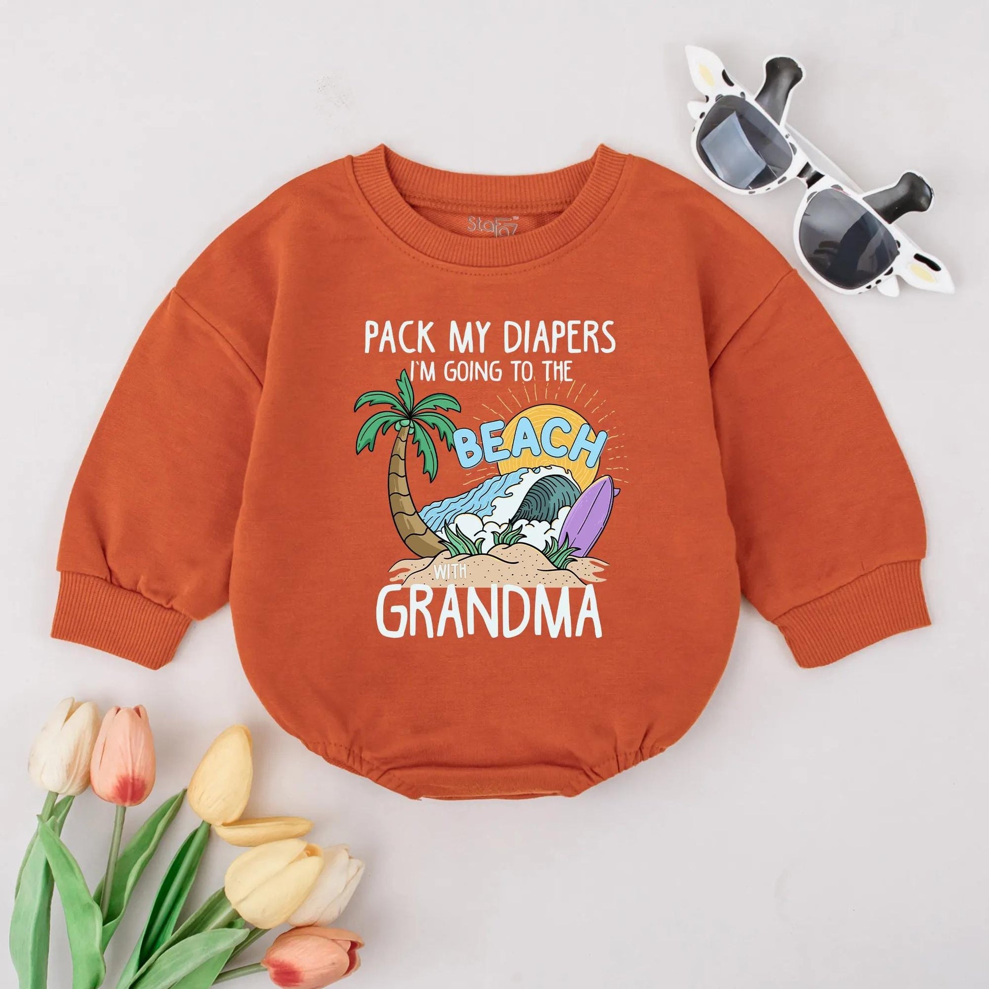 Beach Bound Baby Romper: Pack My Diapers, Grandma! Cartoon Palm Tree Surfboard Outfit, Funny Summer Vacation Clothes, Adorable Infant Gift, Playful Style (138 chars)