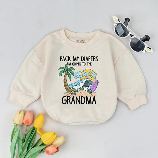 Beach Bound Baby Romper: Pack My Diapers, Grandma! Cartoon Palm Tree Surfboard Outfit, Funny Summer Vacation Clothes, Adorable Infant Gift, Playful Style (138 chars)