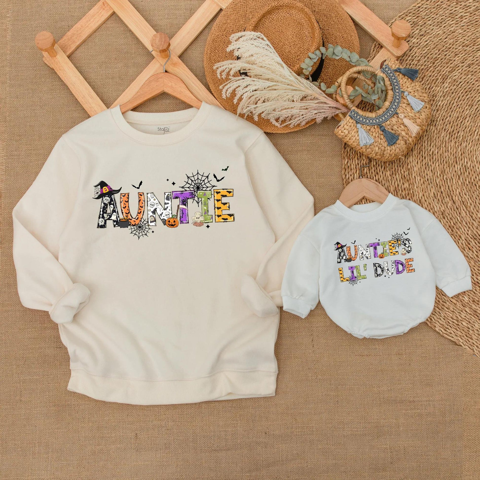 Personalized Auntie & Lil' Dude Matching Halloween Sweatshirts Fun Festive Spooky Family Fall Outfit Set with Playful Pumpkin Ghost Designs