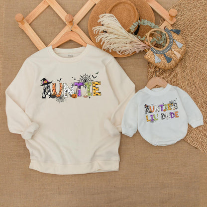Personalized Auntie & Lil' Dude Matching Halloween Sweatshirts Fun Festive Spooky Family Fall Outfit Set with Playful Pumpkin Ghost Designs