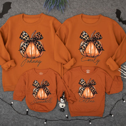 Personalized Leopard Bow Pumpkin Romper, Baby Girl Fall Outfit, Custom Name Thanksgiving Outfit, Cute Toddler Pumpkin Patch Outfit, Autumn Sweatshirt