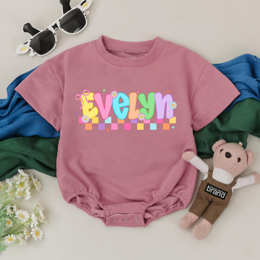 Evelyn's Rainbow Bubble Romper: Personalized Baby Girl Outfit, Colorful Checkered Bodysuit, First Birthday Clothes, Baby Shower Gift (138 chars)