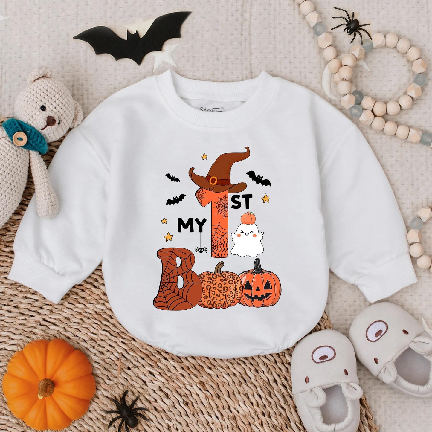 My 1st Boo Ghost Romper, Cute Baby Halloween Costume, Witch Hat One, Bat Stars Bodysuit, Adorable Fall Outfit, Orange Web Pumpkin Bubble Romper 137