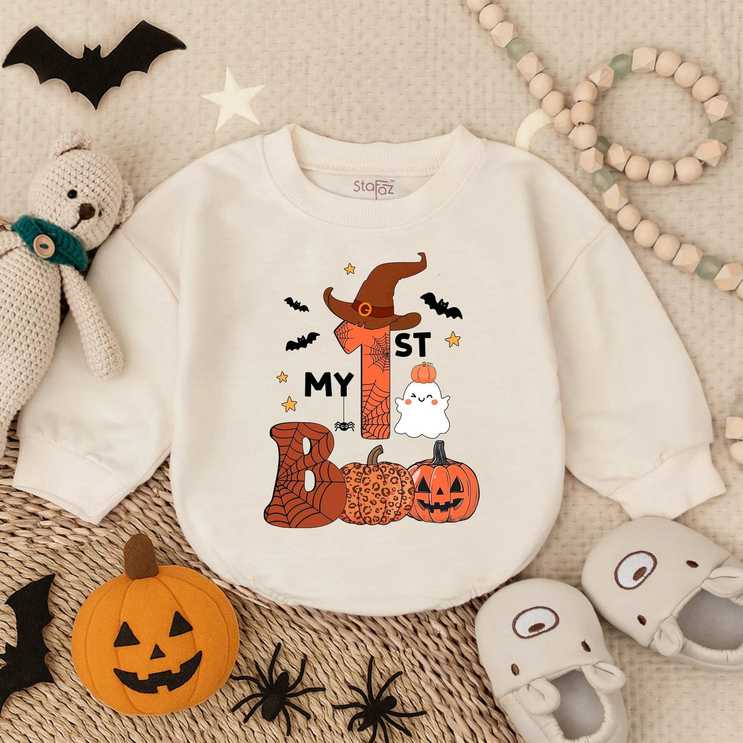 My 1st Boo Ghost Romper, Cute Baby Halloween Costume, Witch Hat One, Bat Stars Bodysuit, Adorable Fall Outfit, Orange Web Pumpkin Bubble Romper 137