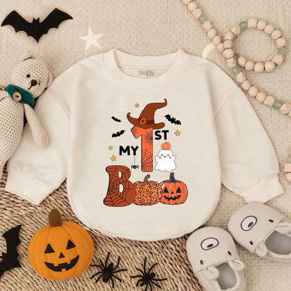 My 1st Boo Ghost Romper, Cute Baby Halloween Costume, Witch Hat One, Bat Stars Bodysuit, Adorable Fall Outfit, Orange Web Pumpkin Bubble Romper 137