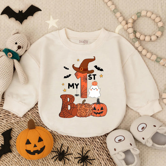 My 1st Boo Ghost Romper, Cute Baby Halloween Costume, Witch Hat One, Bat Stars Bodysuit, Adorable Fall Outfit, Orange Web Pumpkin Bubble Romper 137