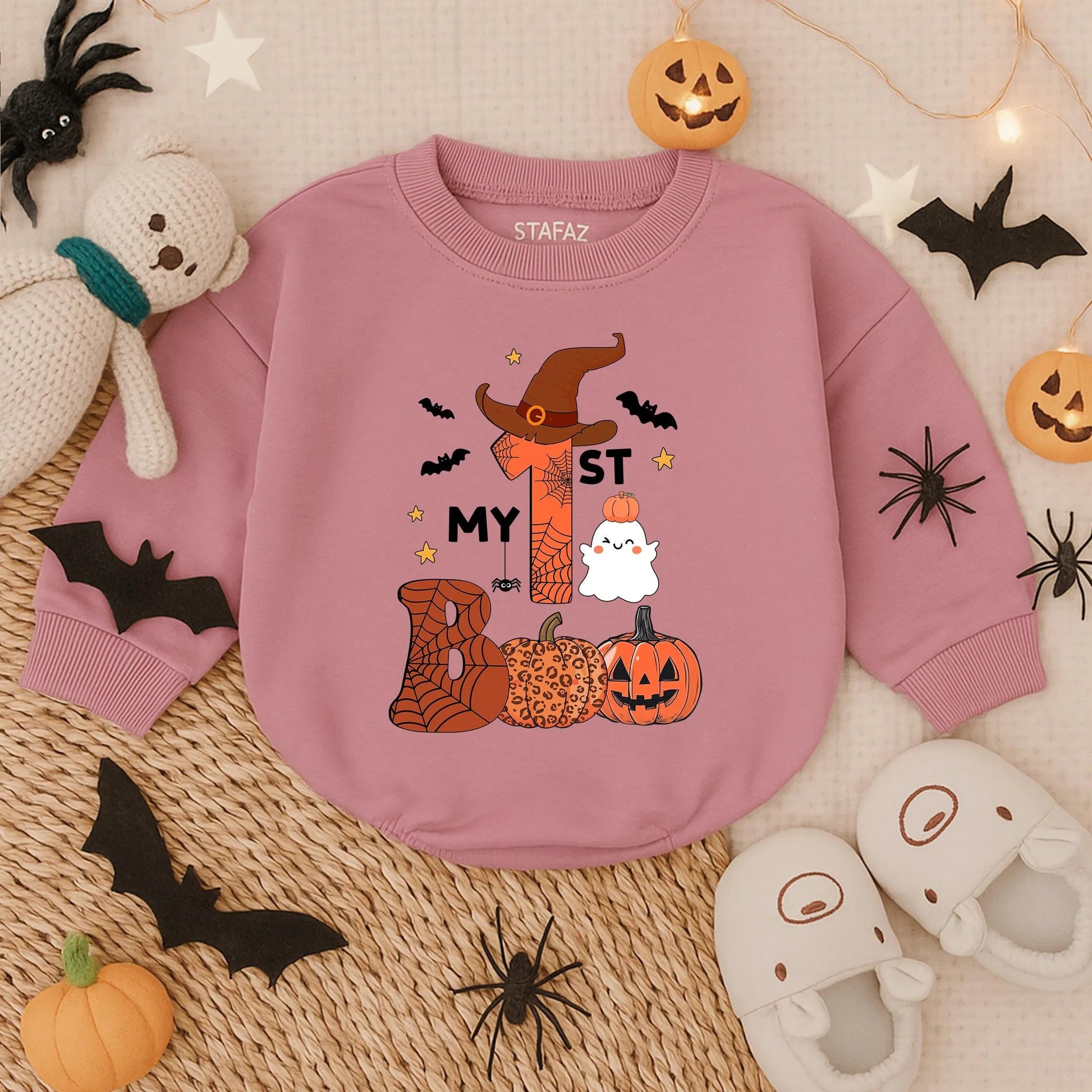 My 1st Boo Ghost Romper, Cute Baby Halloween Costume, Witch Hat One, Bat Stars Bodysuit, Adorable Fall Outfit, Orange Web Pumpkin Bubble Romper 137