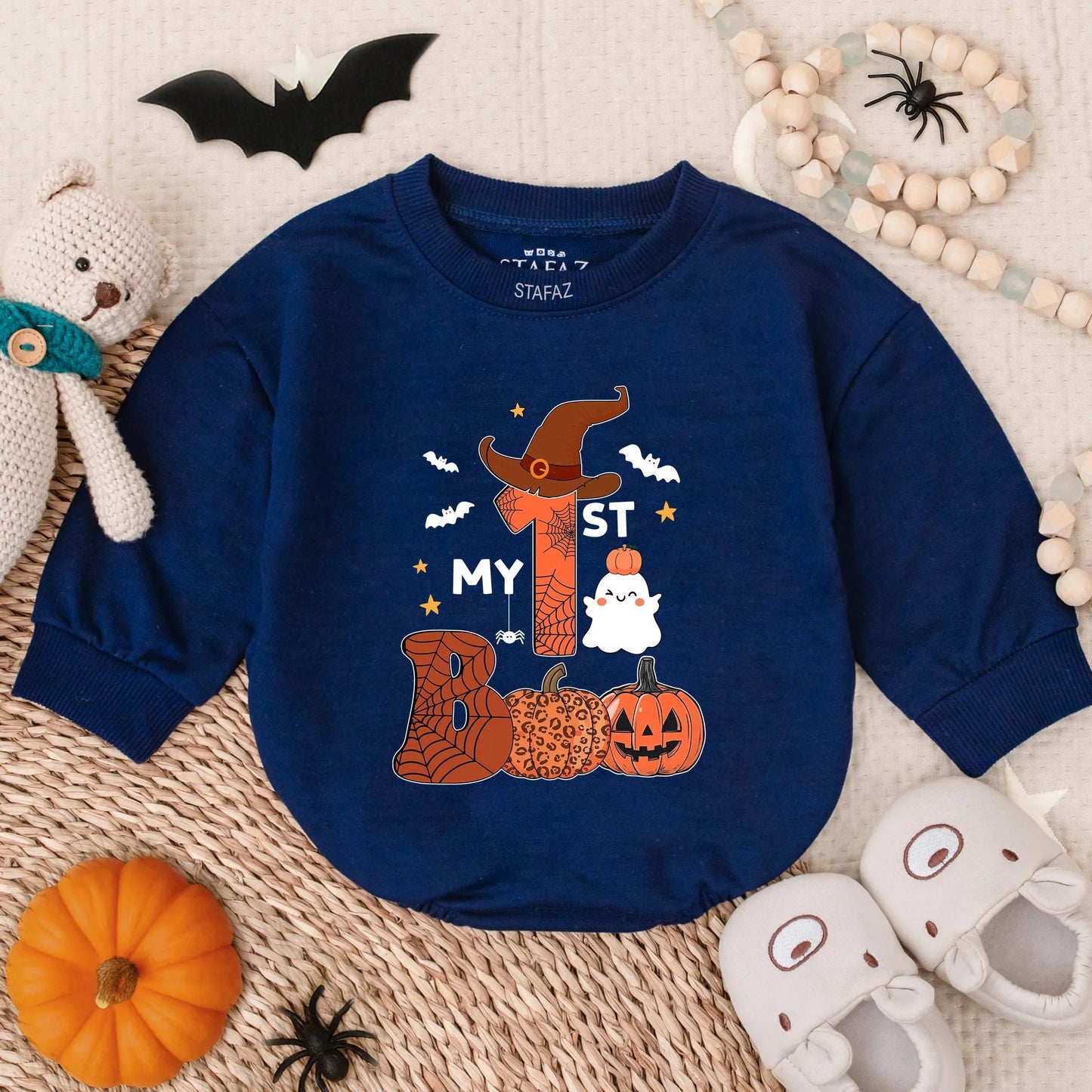 My 1st Boo Ghost Romper, Cute Baby Halloween Costume, Witch Hat One, Bat Stars Bodysuit, Adorable Fall Outfit, Orange Web Pumpkin Bubble Romper 137