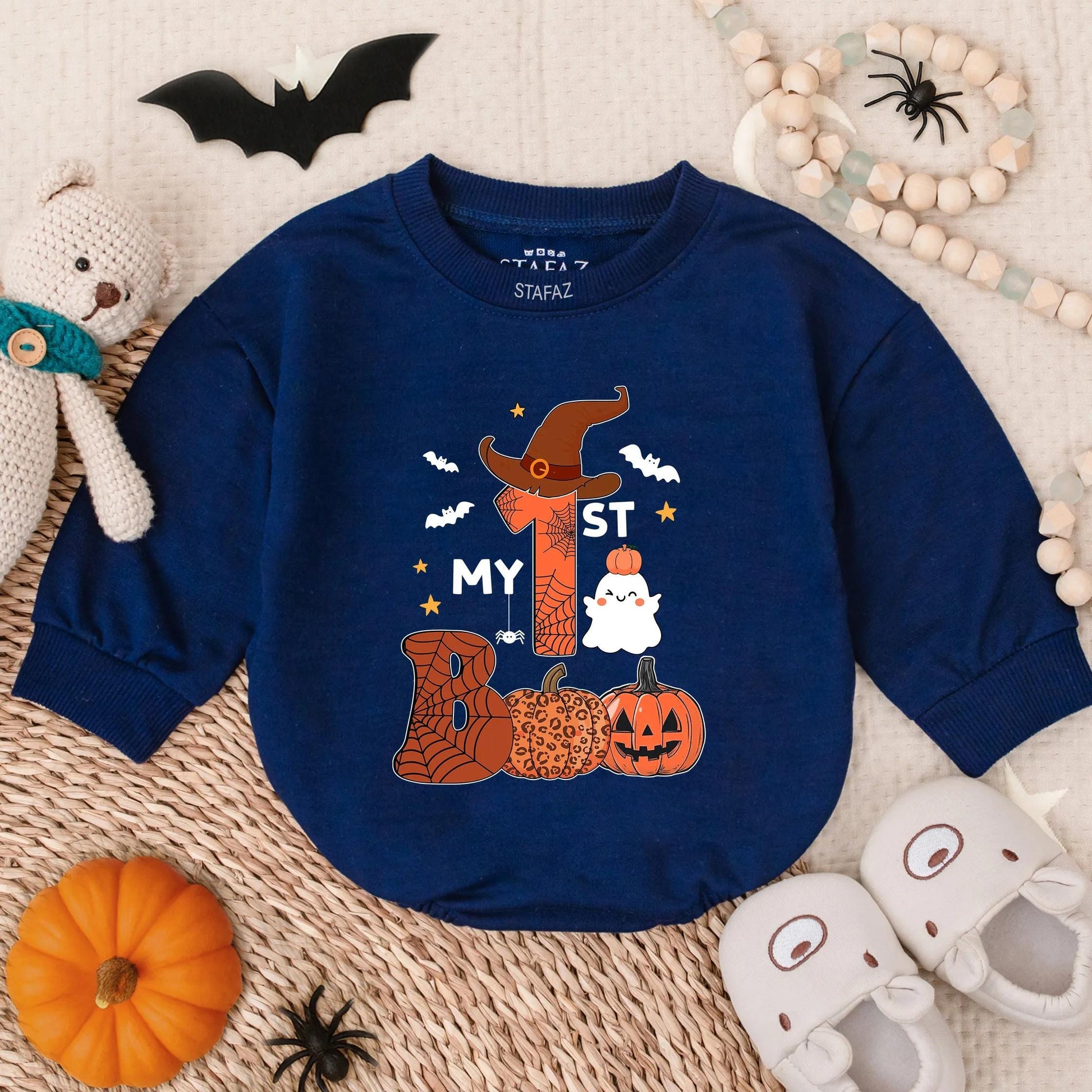 My 1st Boo Ghost Romper, Cute Baby Halloween Costume, Witch Hat One, Bat Stars Bodysuit, Adorable Fall Outfit, Orange Web Pumpkin Bubble Romper 137