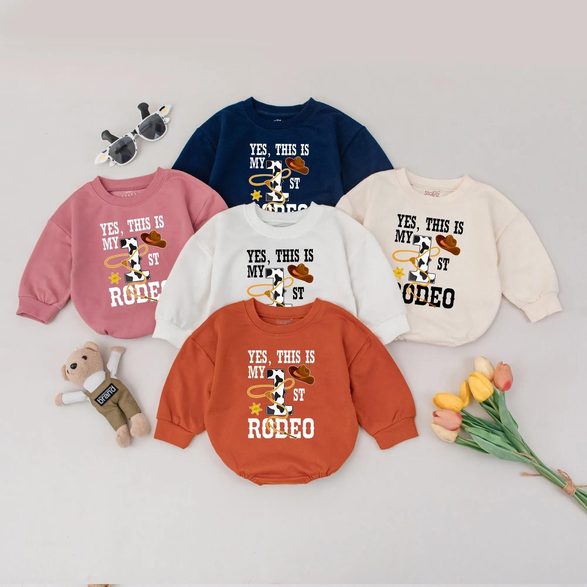 1st Rodeo Baby Boy Romper: Cowboy Birthday Outfit with Cow Print '1' & Lasso Design | Western Theme Bodysuit, First Birthday Gift