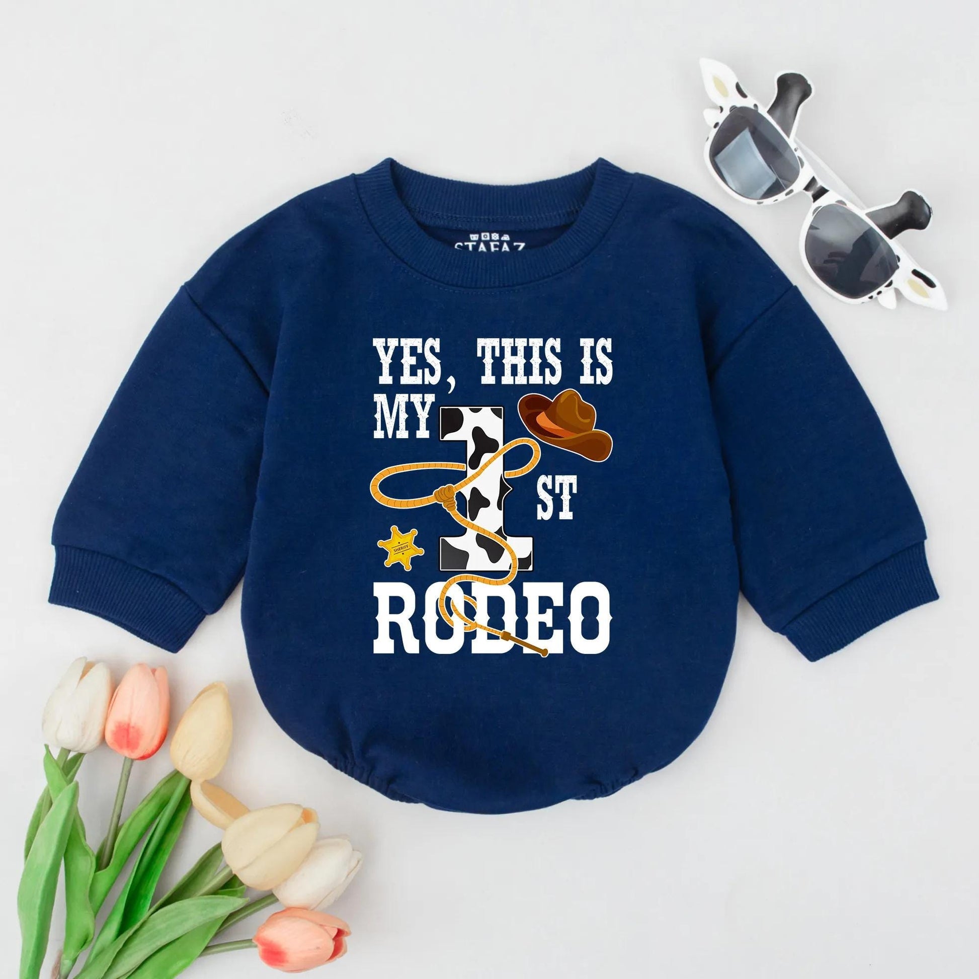 1st Rodeo Baby Boy Romper: Cowboy Birthday Outfit with Cow Print '1' & Lasso Design | Western Theme Bodysuit, First Birthday Gift