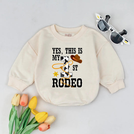 1st Rodeo Baby Boy Romper: Cowboy Birthday Outfit with Cow Print '1' & Lasso Design | Western Theme Bodysuit, First Birthday Gift