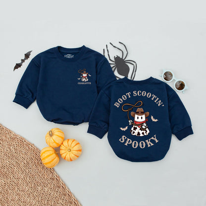 Personalized Name Cowboy Ghost Halloween Baby Romper with Boot Scootin' Spooky Western Design and Bat Silhouettes Bubble Bodysuit First Halloween
