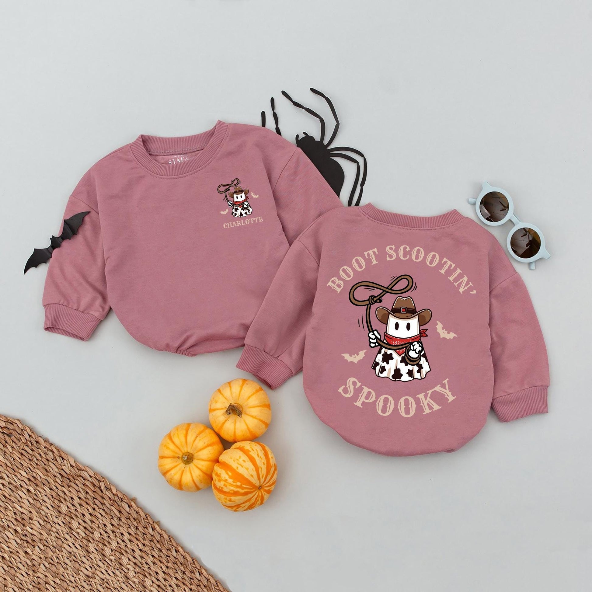 Personalized Name Cowboy Ghost Halloween Baby Romper with Boot Scootin' Spooky Western Design and Bat Silhouettes Bubble Bodysuit First Halloween