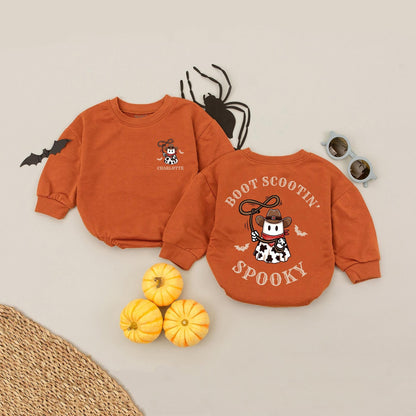 Personalized Name Cowboy Ghost Halloween Baby Romper with Boot Scootin' Spooky Western Design and Bat Silhouettes Bubble Bodysuit First Halloween