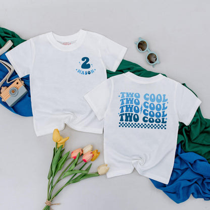Two Cool 2nd Birthday Boy Shirt, Retro Blue Design Toddler Tee, Personalized Birthday Outfit, Two Years Old Boy Gift