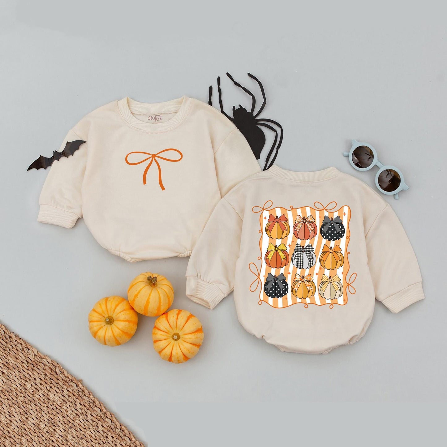 Cute Fall Brown Bow Pumpkin Bubble Romper for Baby Girls Retro Autumn Outfit with Vertical Stripes Soft Cotton Autumn Baby Gift