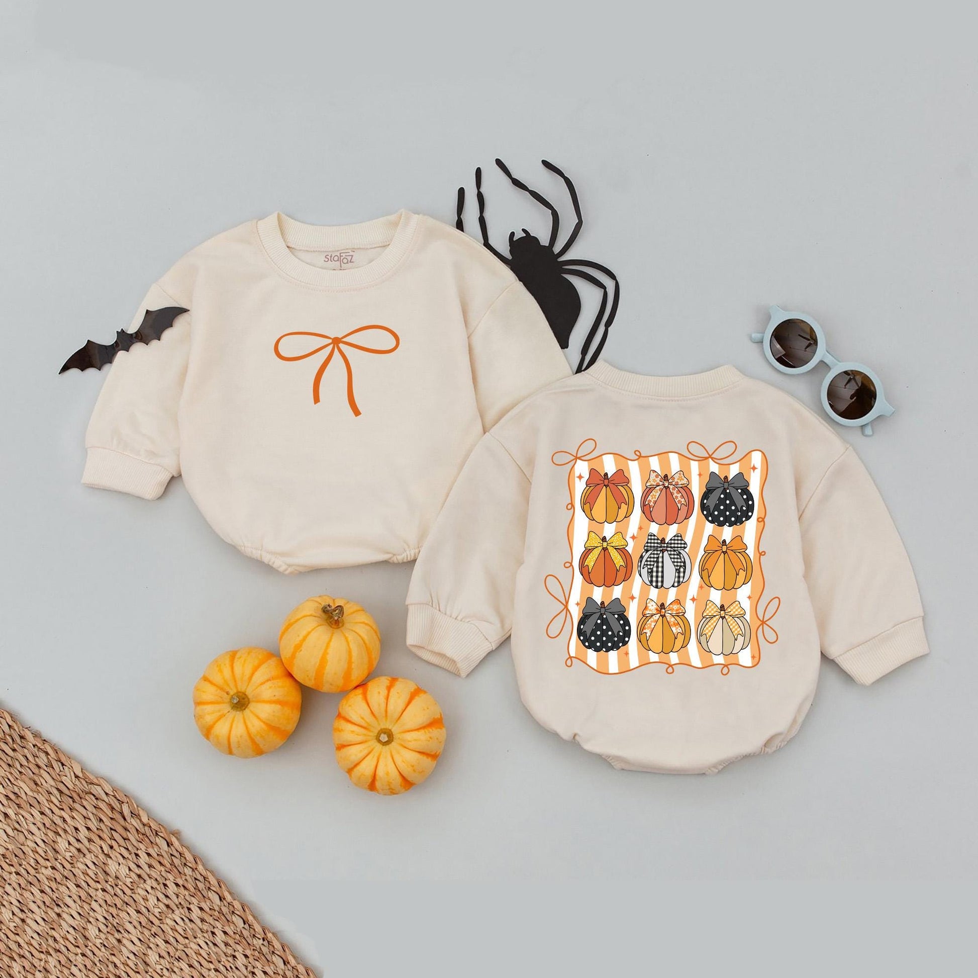Cute Fall Brown Bow Pumpkin Bubble Romper for Baby Girls Retro Autumn Outfit with Vertical Stripes Soft Cotton Autumn Baby Gift