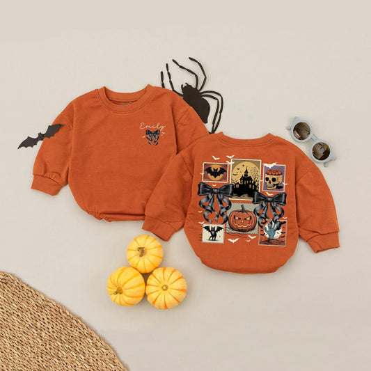 Custom Emily Vintage Halloween Romper, Spooky Ghost Postage Stamp Baby Bodysuit, Preppy Pumpkin Fall Outfit, Personalized Boo Season Clothes 138