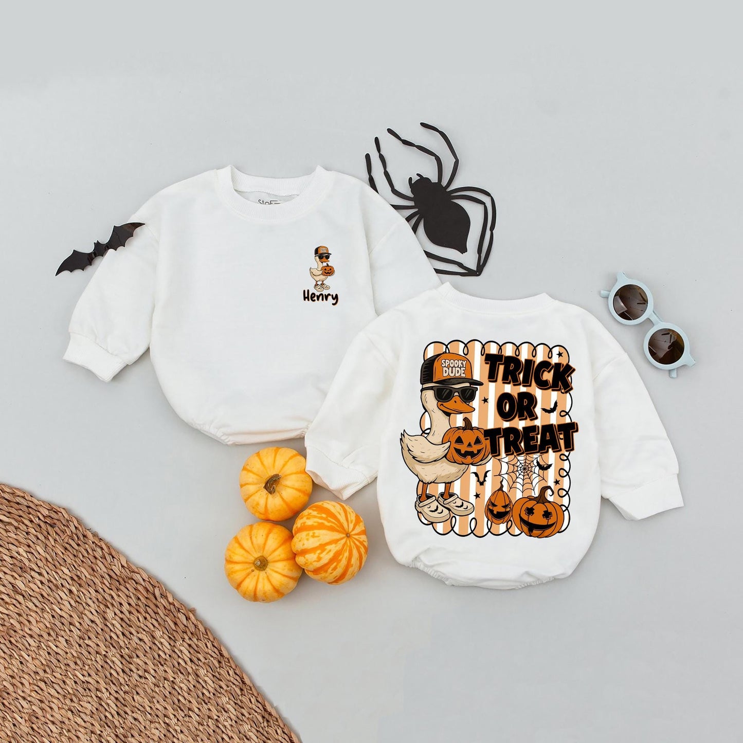 Funny Goose Trick or Treat Romper with Sunglasses Spooky Dude Baseball Cap Halloween Pumpkin Bats Stars Spiderwebs Baby Clothes