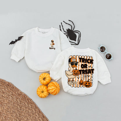 Funny Goose Trick or Treat Romper with Sunglasses Spooky Dude Baseball Cap Halloween Pumpkin Bats Stars Spiderwebs Baby Clothes