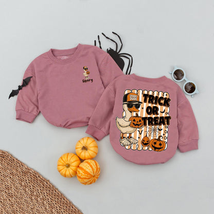 Funny Goose Trick or Treat Romper with Sunglasses Spooky Dude Baseball Cap Halloween Pumpkin Bats Stars Spiderwebs Baby Clothes
