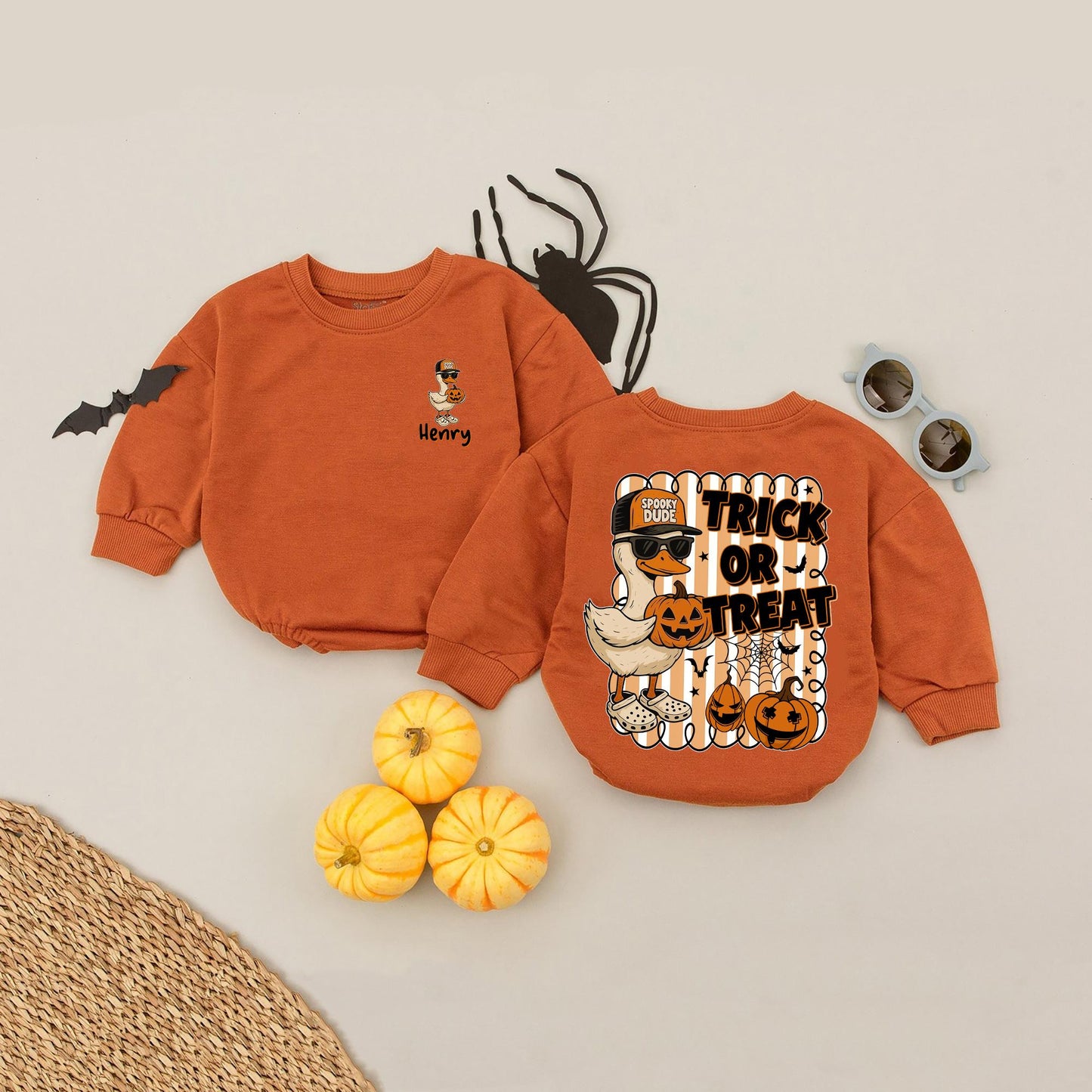 Funny Goose Trick or Treat Romper with Sunglasses Spooky Dude Baseball Cap Halloween Pumpkin Bats Stars Spiderwebs Baby Clothes