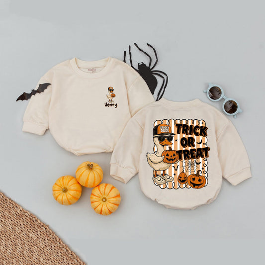 Funny Goose Trick or Treat Romper with Sunglasses Spooky Dude Baseball Cap Halloween Pumpkin Bats Stars Spiderwebs Baby Clothes