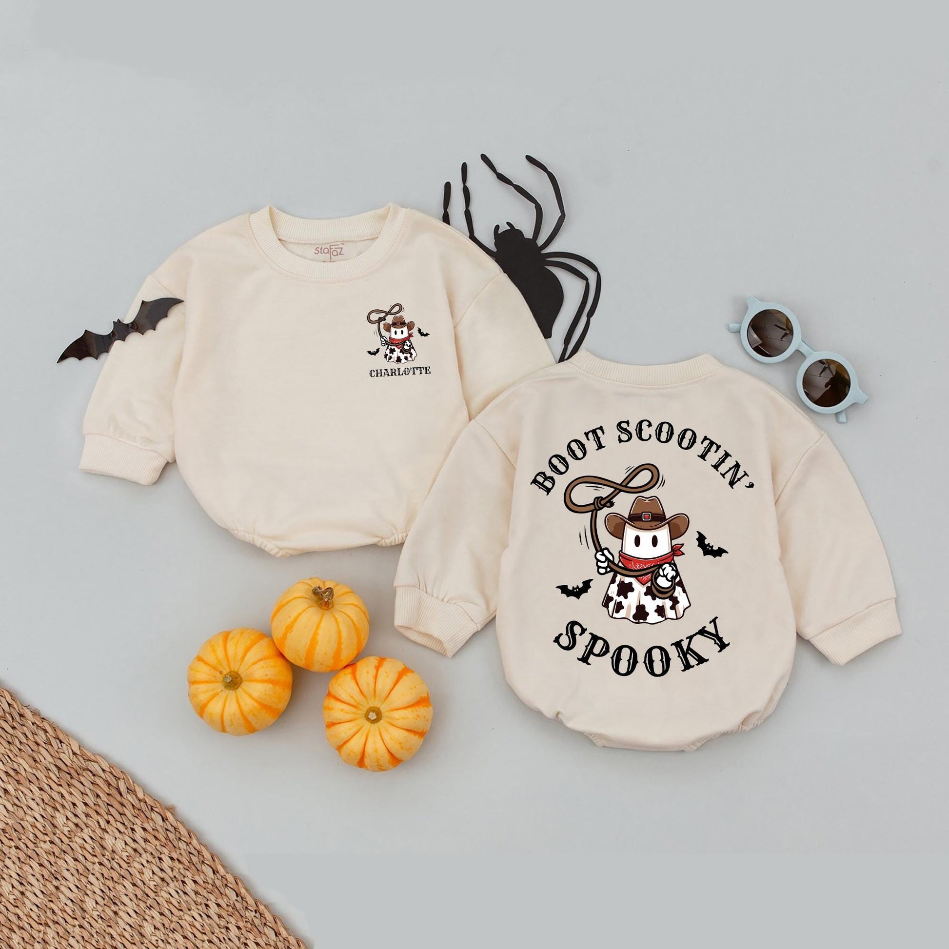 Personalized Name Cowboy Ghost Halloween Baby Romper with Boot Scootin' Spooky Western Design and Bat Silhouettes Bubble Bodysuit First Halloween