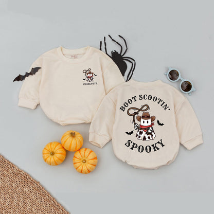 Personalized Name Cowboy Ghost Halloween Baby Romper with Boot Scootin' Spooky Western Design and Bat Silhouettes Bubble Bodysuit First Halloween