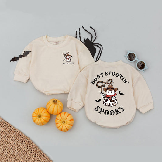 Personalized Name Cowboy Ghost Halloween Baby Romper with Boot Scootin' Spooky Western Design and Bat Silhouettes Bubble Bodysuit First Halloween