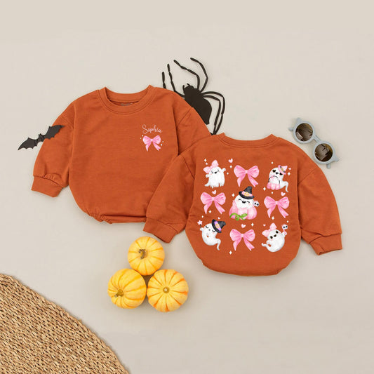 Adorable Ghost Halloween Romper Personalized with Pink Bows & Witch Hats for Baby Girls - Whimsical Spooky Season Outfit