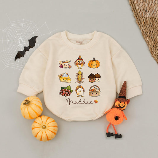 Custom Maddie's First Thanksgiving Baby Bubble Romper Cute Pumpkin Patch Outfit, Personalized Fall Harvest Bodysuit Autumn Newborn Gift, 130-140 chars