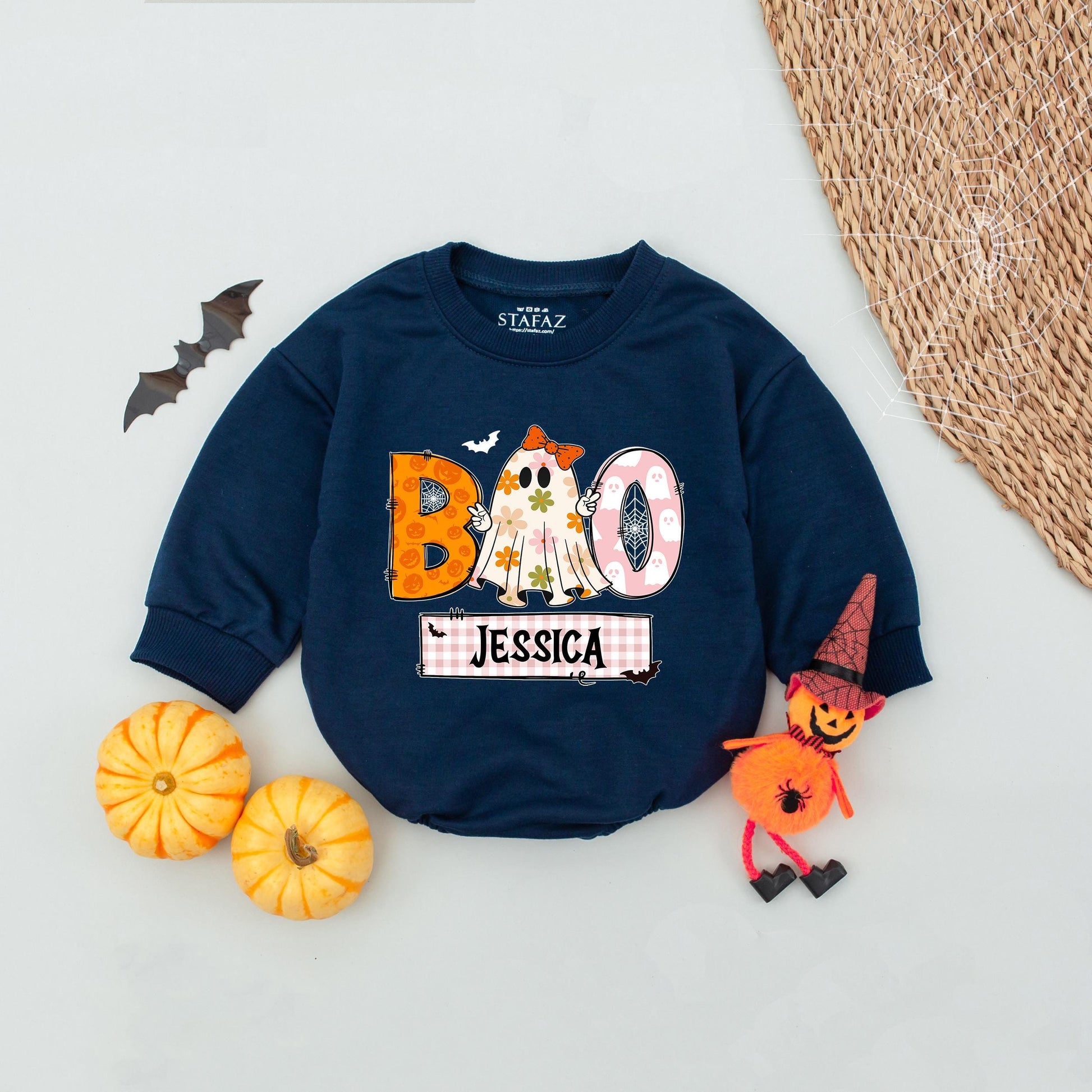 Personalized Boo Ghost Romper for Baby Girl, Custom Name Halloween Outfit with Pumpkins, Gingham & Floral Ghost, Spooky Cute First Halloween Gift, Fall 139