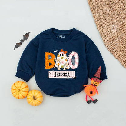 Personalized Boo Ghost Romper for Baby Girl, Custom Name Halloween Outfit with Pumpkins, Gingham & Floral Ghost, Spooky Cute First Halloween Gift, Fall 139