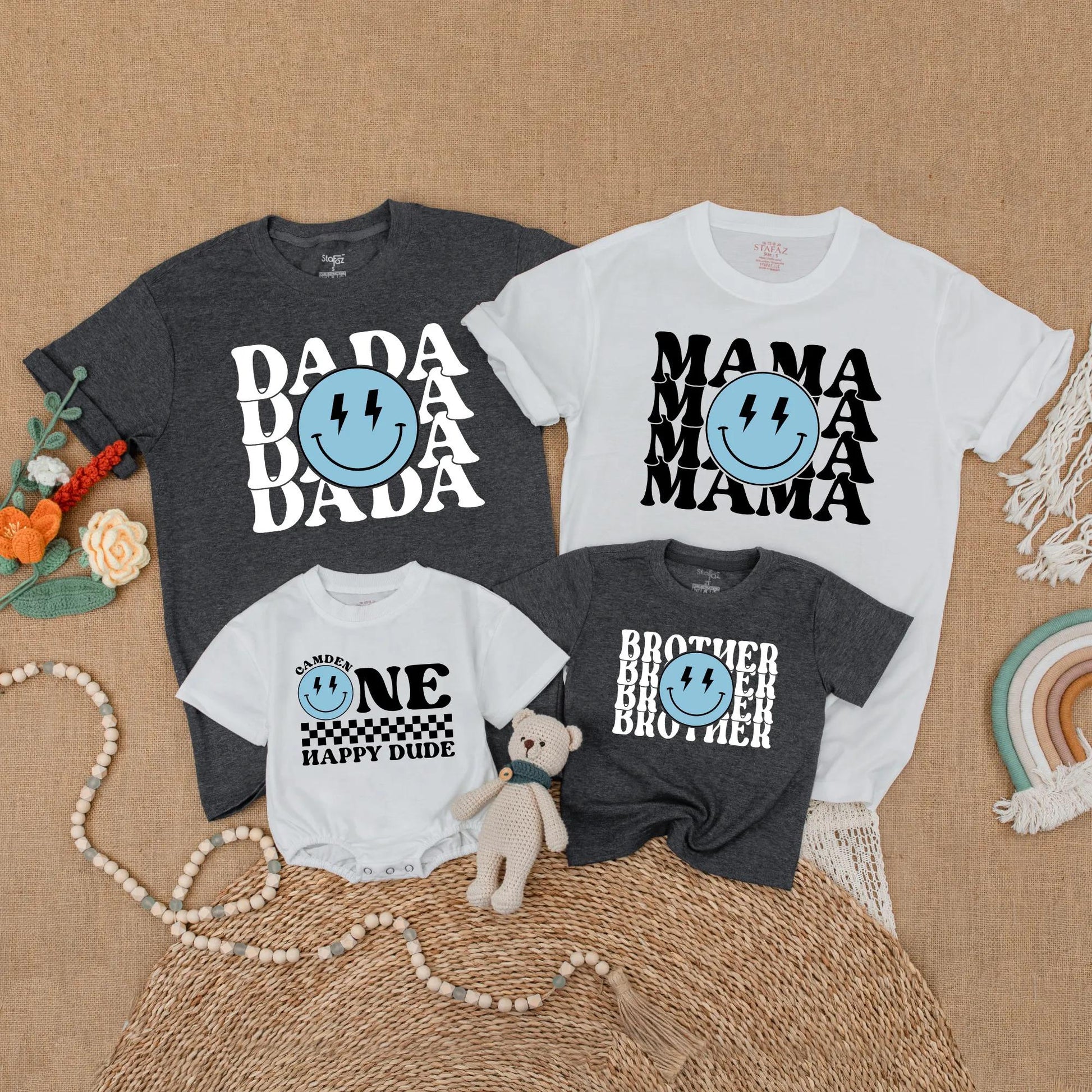 Happy Dude Birthday Family Shirt Blue Smiley Face Custom Camden Boy Outfit Modern Retro Celebration Gift