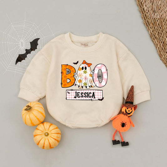 Personalized Boo Ghost Romper for Baby Girl, Custom Name Halloween Outfit with Pumpkins, Gingham & Floral Ghost, Spooky Cute First Halloween Gift, Fall 139