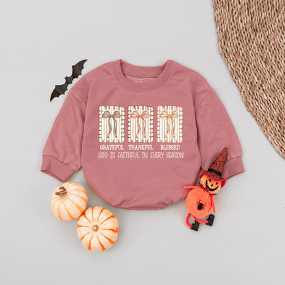 Grateful Thankful Blessed Baby Girl Romper, Fall Bows Autumn Babysuit, Faith Based Thanksgiving Outfit, Religious Fall Baby Clothes