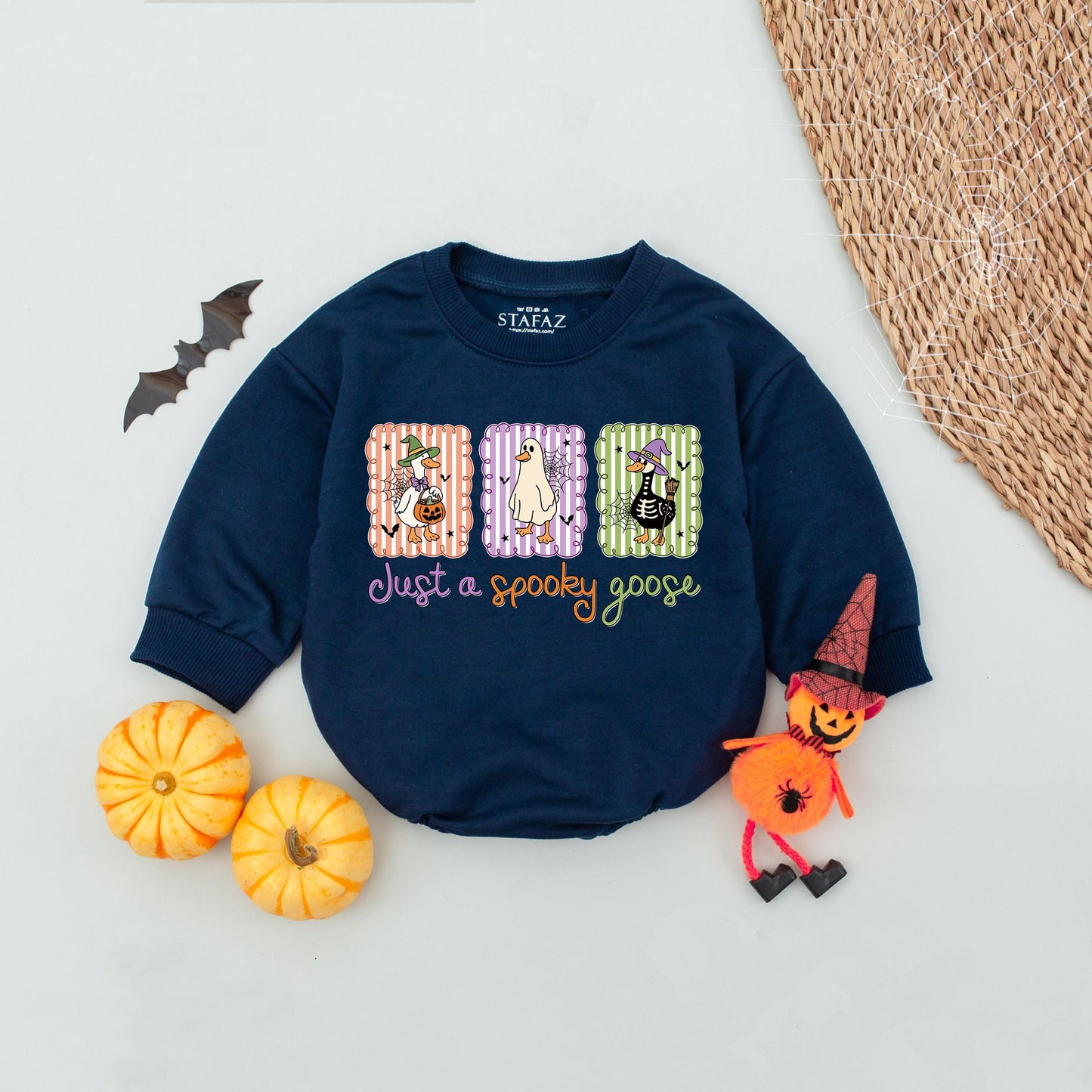 Just a Spooky Goose Bubble Romper Cute Cartoon Halloween Baby Outfit Funny Trick or Treat Goose with Pumpkin Design First Halloween Essential