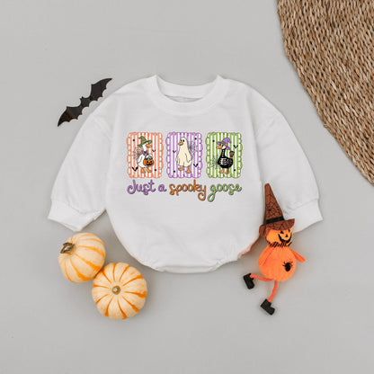Just a Spooky Goose Bubble Romper Cute Cartoon Halloween Baby Outfit Funny Trick or Treat Goose with Pumpkin Design First Halloween Essential