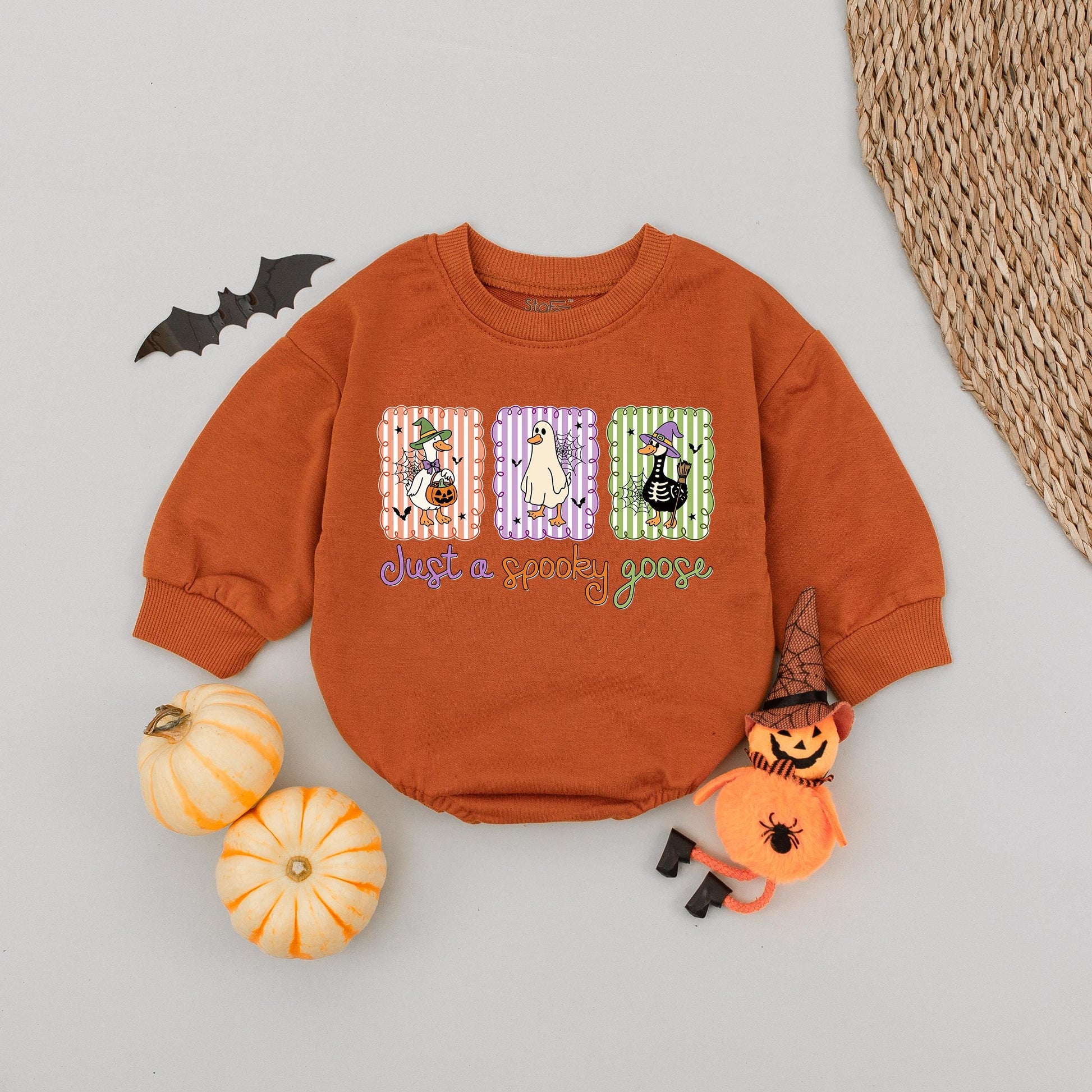 Just a Spooky Goose Bubble Romper Cute Cartoon Halloween Baby Outfit Funny Trick or Treat Goose with Pumpkin Design First Halloween Essential