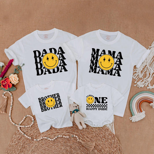One Happy Dude 1st Birthday Outfit Matching Family Shirts Smiley Face Lightning Bolt Baby Boy Clothes Retro First Birthday Party Gift Idea 125 chars
