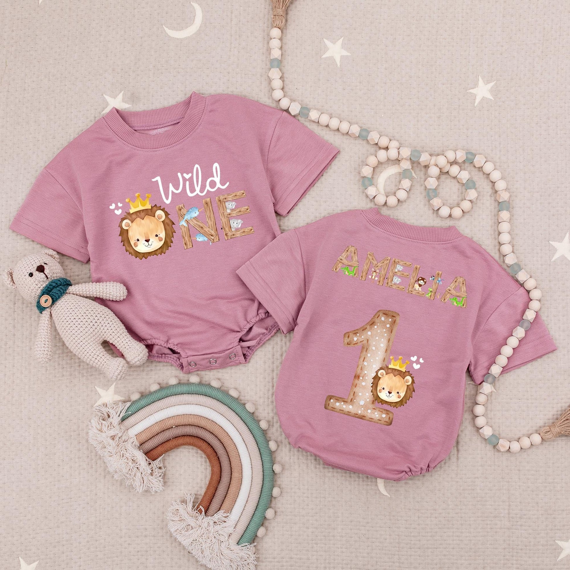 Personalized Wild One Safari Romper for Baby's 1st Birthday, Woodland Animals Theme, Custom Name Bodysuit, Cute Boy or Girl Outfit