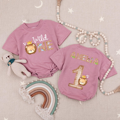 Personalized Wild One Safari Romper for Baby's 1st Birthday, Woodland Animals Theme, Custom Name Bodysuit, Cute Boy or Girl Outfit