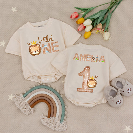 Personalized Wild One Safari Romper for Baby's 1st Birthday, Woodland Animals Theme, Custom Name Bodysuit, Cute Boy or Girl Outfit