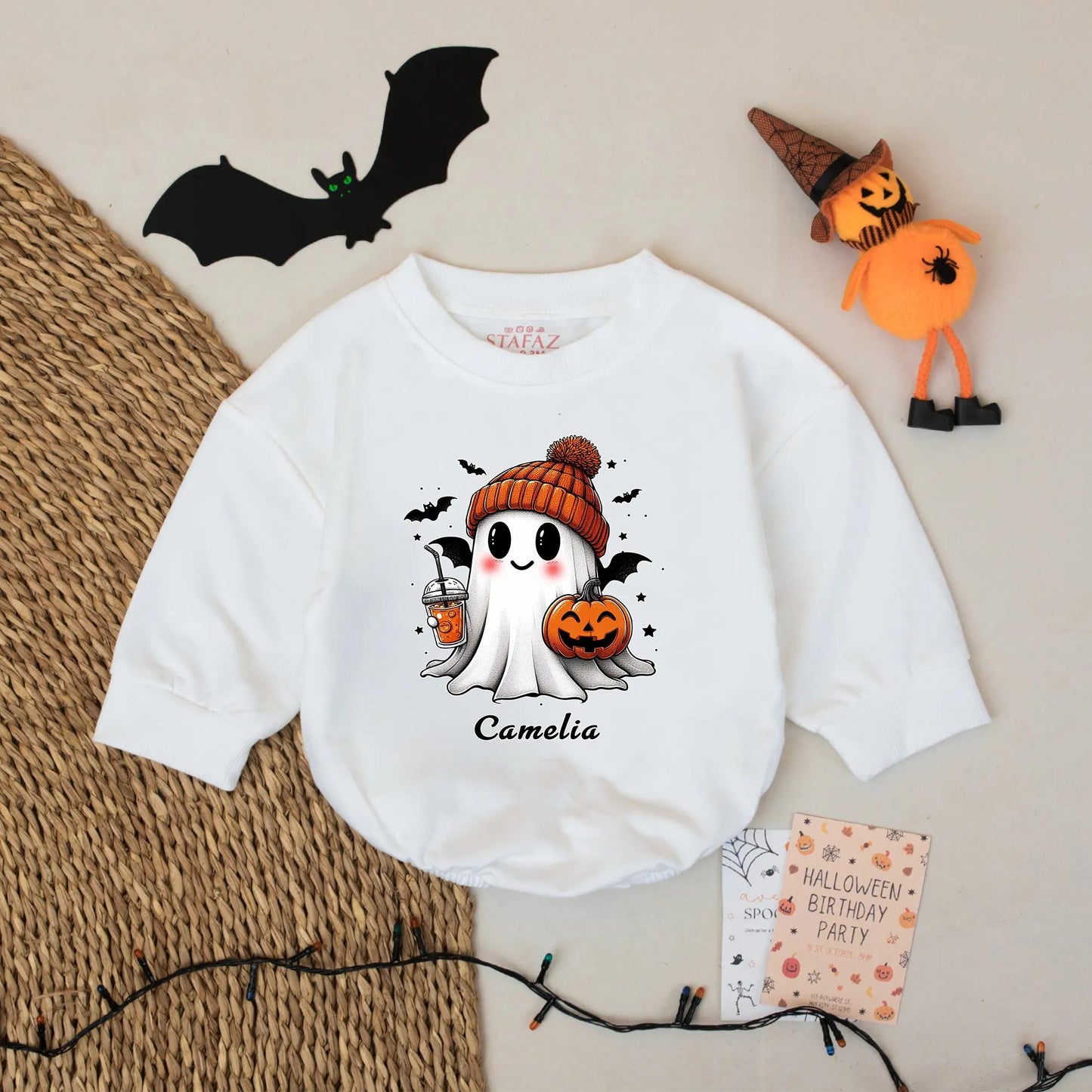 Personalized Cute Ghost Halloween Baby Romper Outfit Spooky Season Infant Costume Boy Girl Name