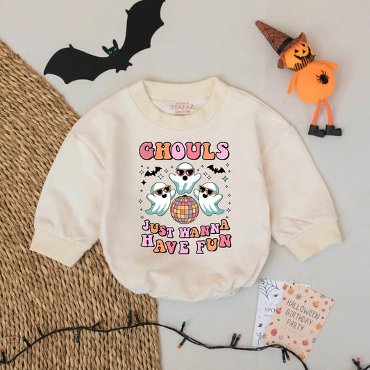 Retro Disco Ghouls Baby Romper Spooky Cute Halloween Ghost Outfit for Baby Girl or Boy Fall Fun